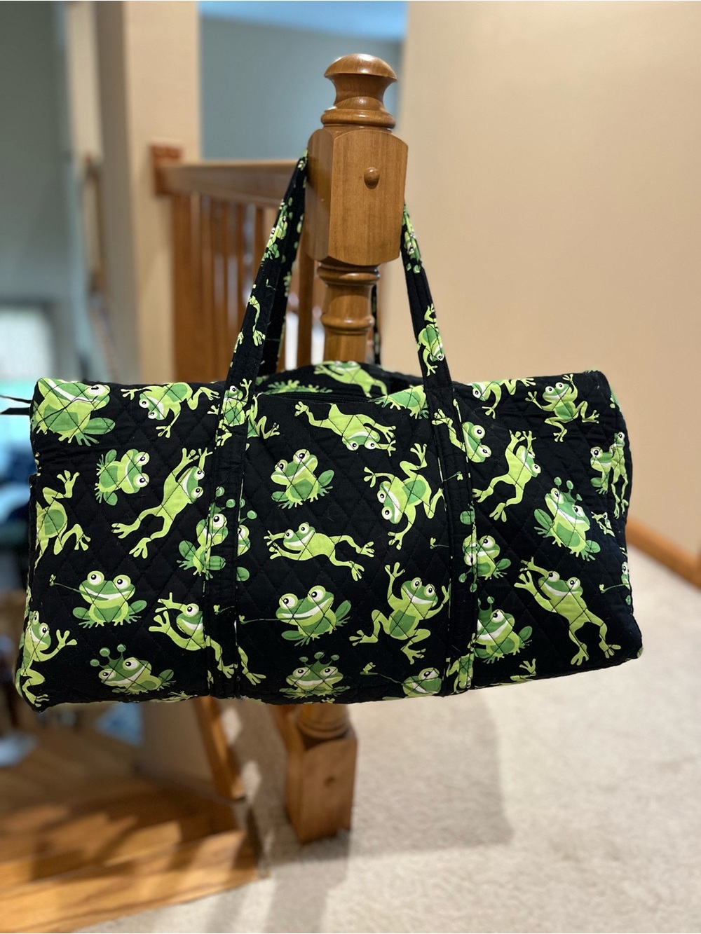 Black Cotton Quilted Bag with Green Frog Print Large